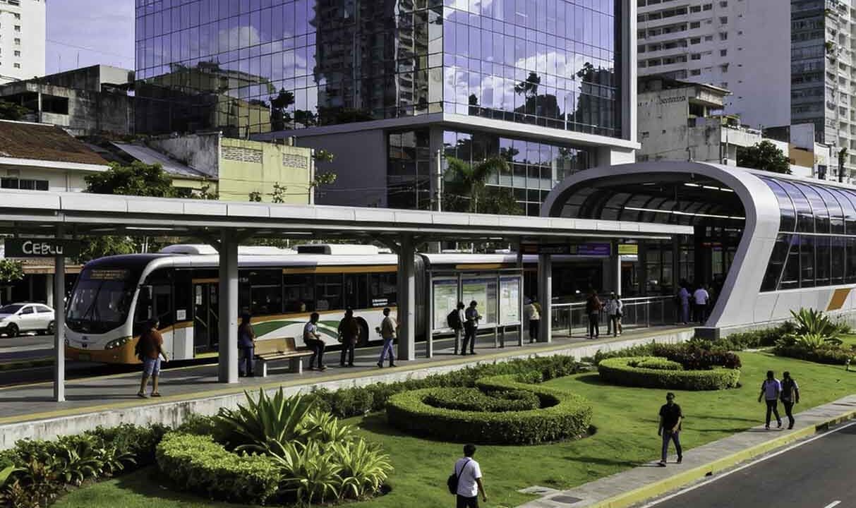 Modern Cebu BRT station surrounded by offices and condos, showing the best places to invest in real estate near Cebu BRT stations.
