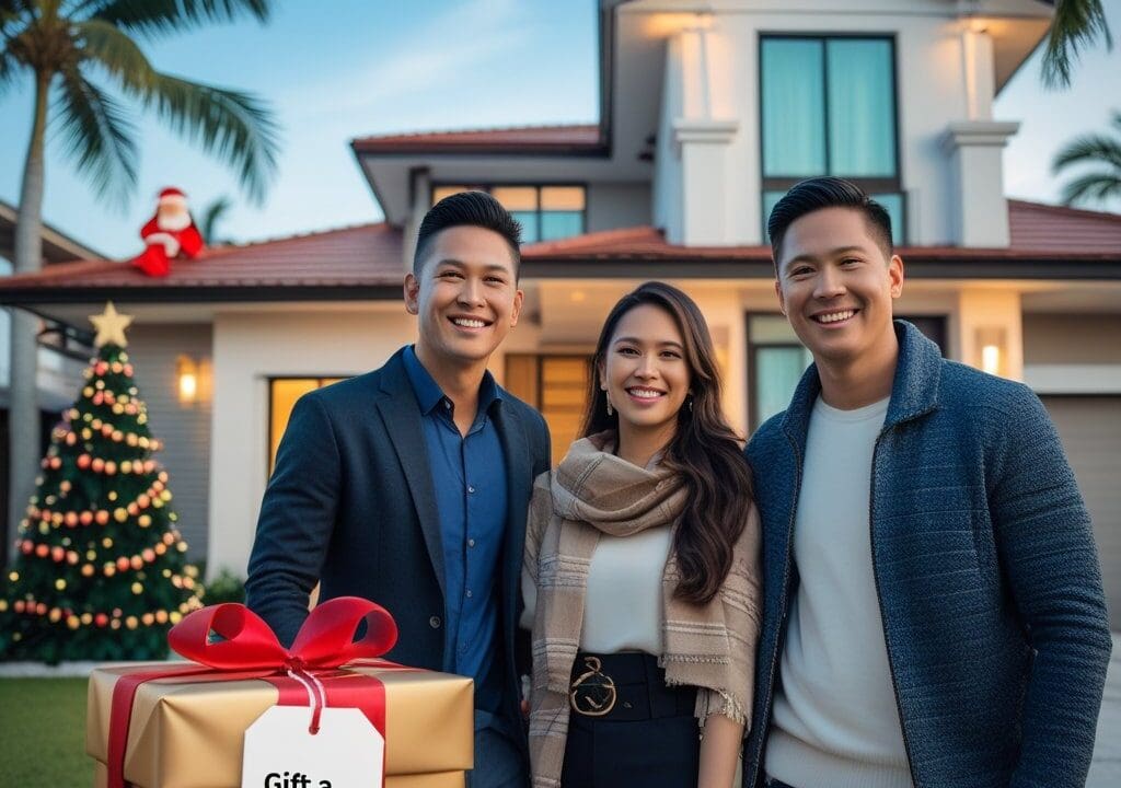Smiling group in front of modern Cebu home with Christmas decorations and gift box promoting Cebu Christmas property investment deals 2025