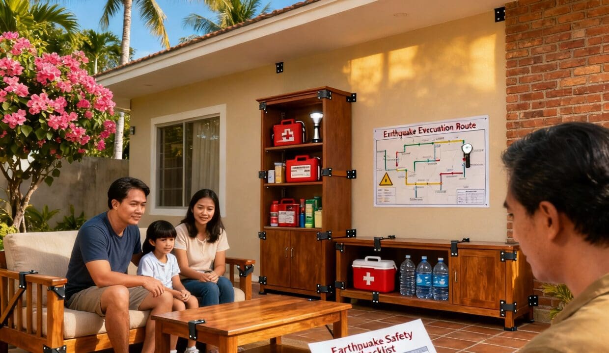 Family in Cebu reviewing the Cebu Earthquake Safety Checklist for Homeowners 2025 with emergency kits and an evacuation plan displayed outdoors.