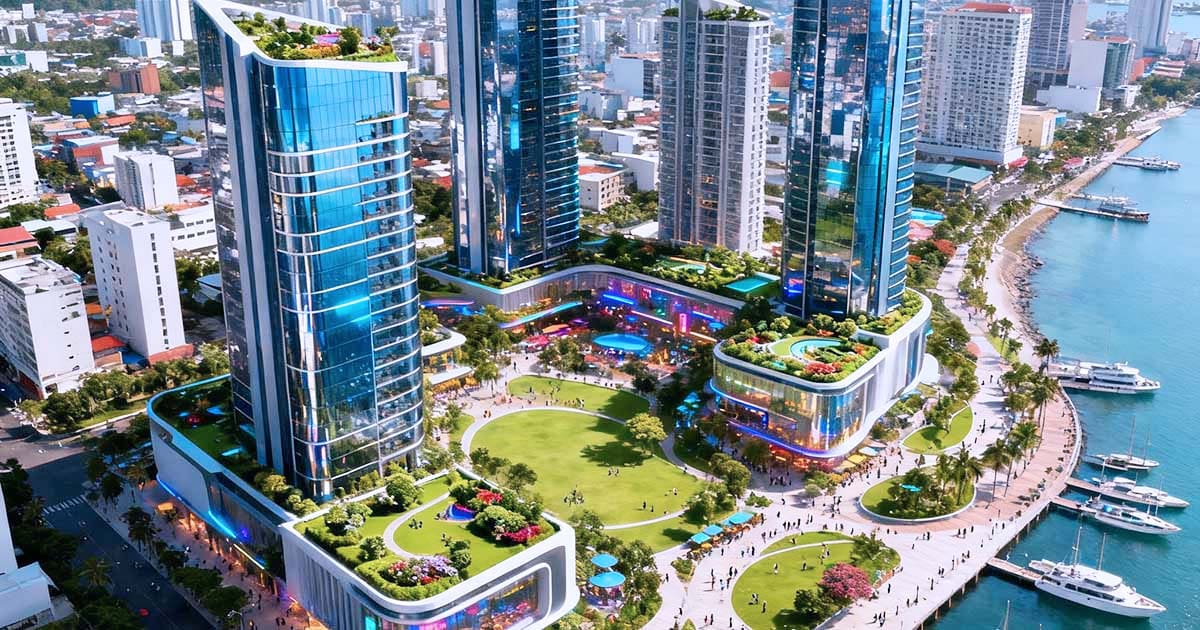 Modern waterfront development showcasing live-work-play communities in Cebu for professionals with green spaces, high-rise offices, and lifestyle areas.