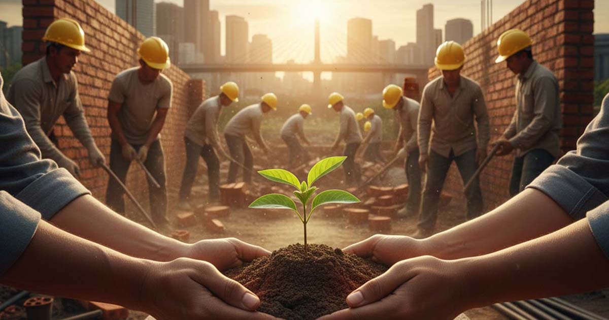 Construction workers rebuilding trust in Cebu real estate with compassion, symbolized by hands nurturing a young plant amid new building foundations and sunrise over the city.
