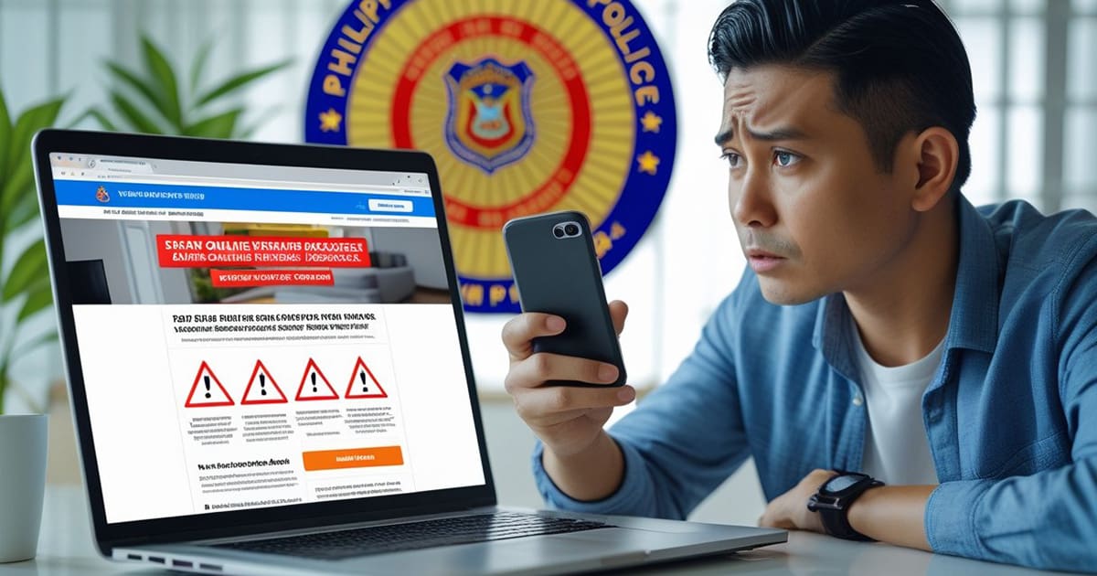Man checking how to avoid fake online rentals Cebu on his laptop and phone, verifying listings with the Philippine National Police for safety.